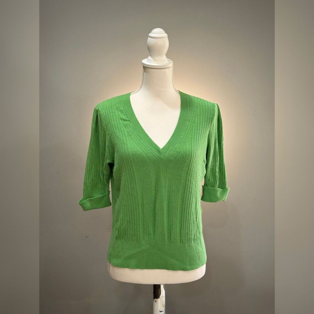 Green WHBM Knit V-Neck S/S Sweater Size L EUC